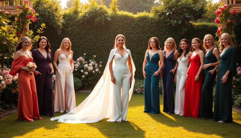 Braut und Hochzeitsgäste in Jumpsuits