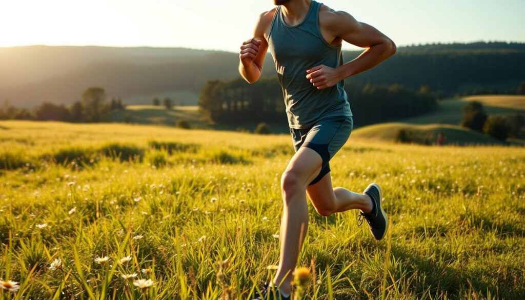 A serene outdoor scene on a sunny day, showcasing a person engaged in interval training. In the foreground, the figure is jogging dynamically, their muscles rippling with effort. The middle ground features a lush green meadow dotted with wildflowers, creating a sense of vitality and natural energy. In the background, rolling hills and a distant forest provide a tranquil, natural backdrop. The lighting is warm and diffused, casting a golden glow over the entire scene. The camera angle is slightly elevated, giving a sense of perspective and emphasizing the harmony between the person and their natural surroundings. The overall mood is one of wellness, vitality, and the power of physical activity to enhance the body's metabolic processes.