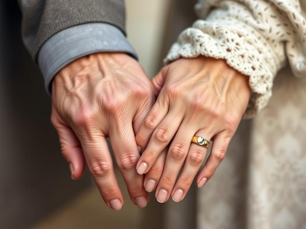 Älteres Ehepaar hält Händchen mit goldenen Eheringen, symbolisiert die Goldene Hochzeit der Eltern Älteres Ehepaar hält Händchen mit goldenen Eheringen, symbolisiert die Goldene Hochzeit der Eltern