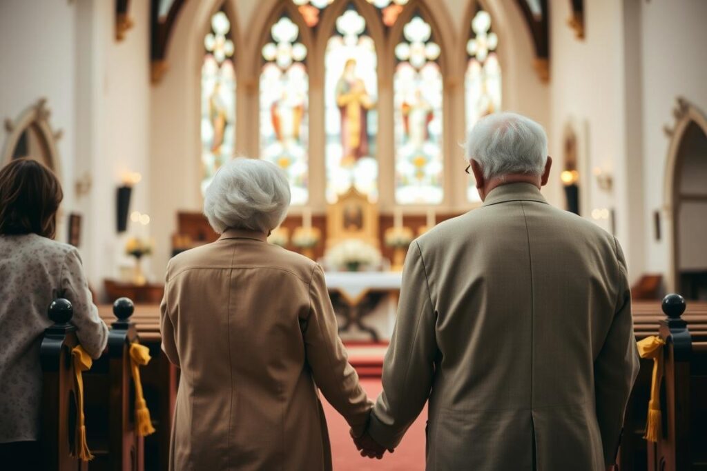 Älteres Ehepaar hält Hände in einer Kirche zur Feier ihrer Goldenen Hochzeit