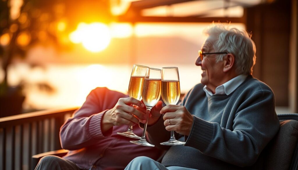 Älteres Paar stößt mit Champagner auf 50 Jahre Ehe an bei Sonnenuntergang