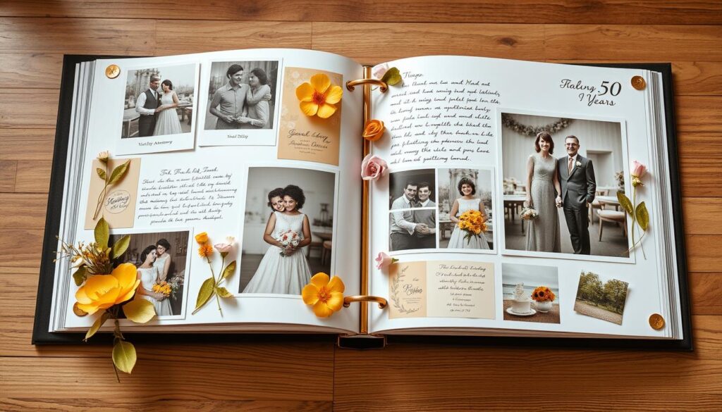 Aufgeschlagenes Fotoalbum mit Bildern und Erinnerungsstücken zur Goldenen Hochzeit der Eltern Aufgeschlagenes Fotoalbum mit Bildern und Erinnerungsstücken zur Goldenen Hochzeit der Eltern