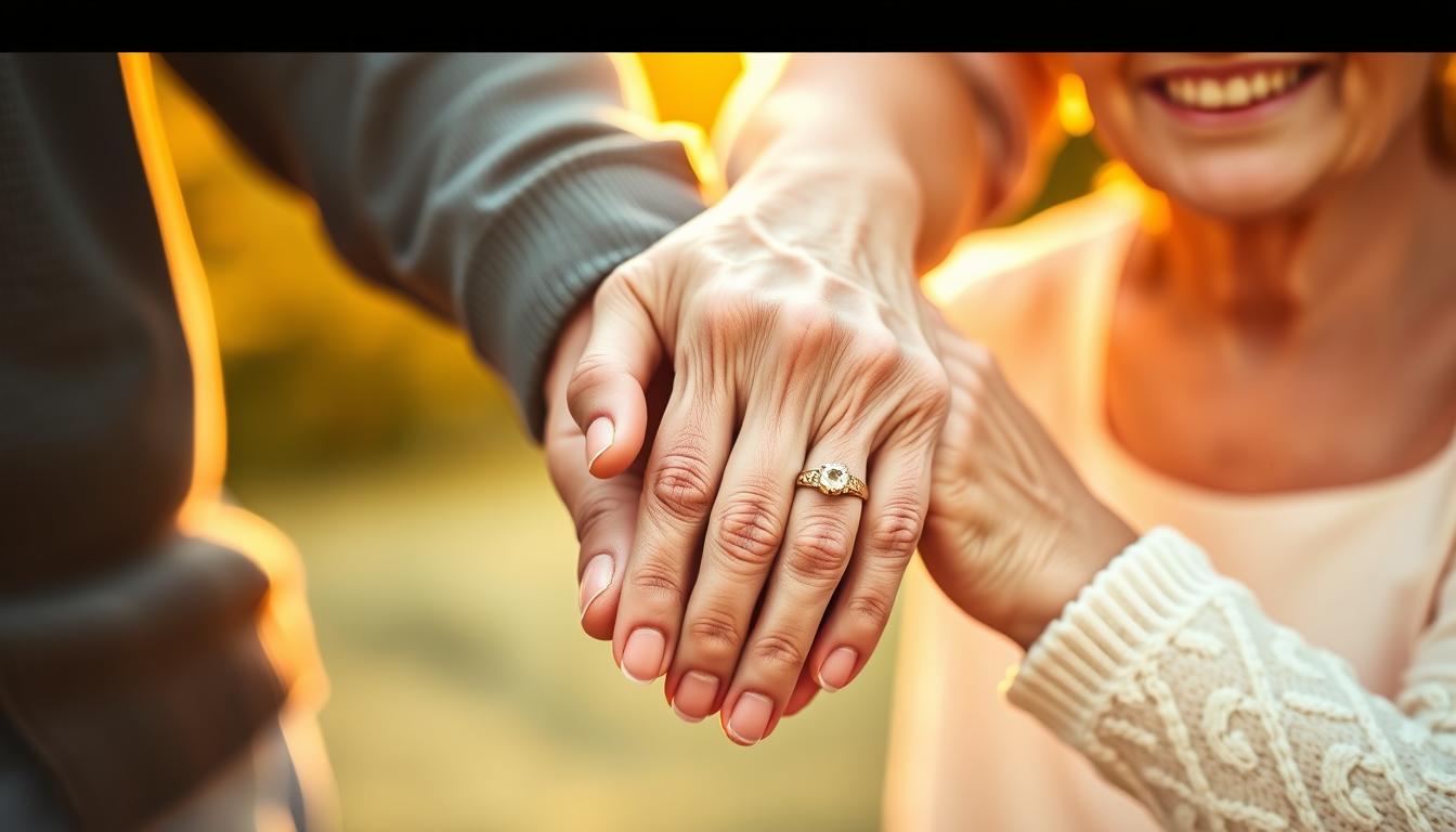 Ein älteres Ehepaar hält Hände mit goldenen Eheringen im Sonnenlicht zur Goldenen Hochzeit