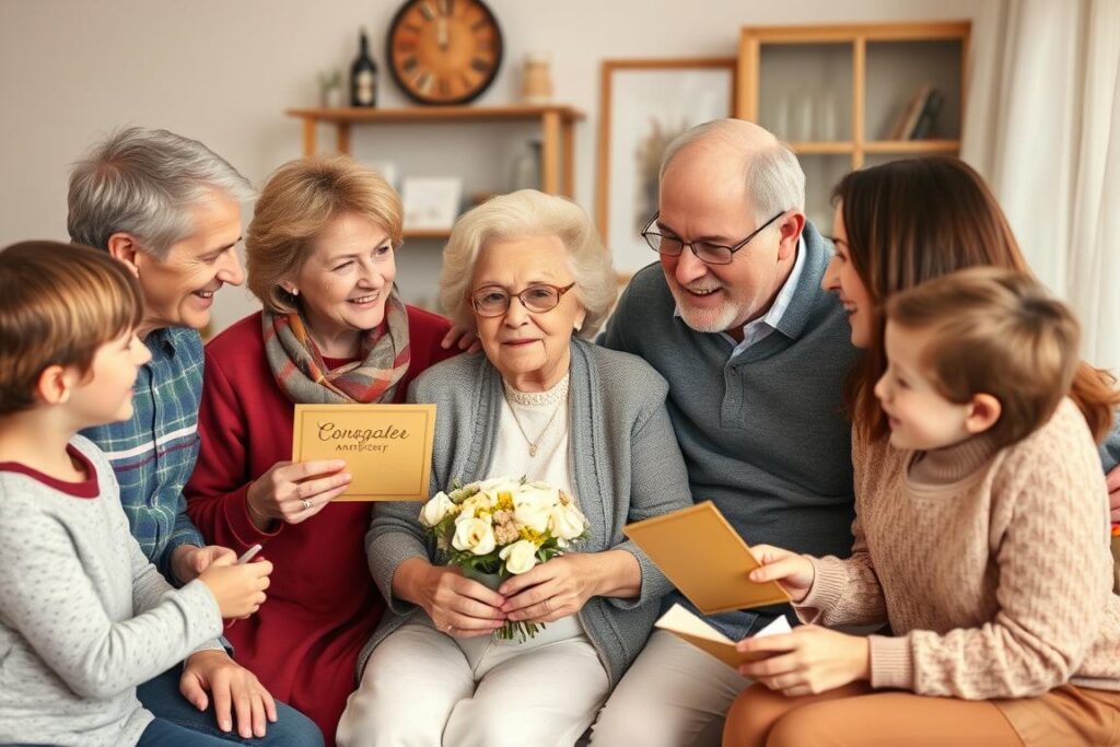 Familie gratuliert Großeltern zur Goldenen Hochzeit mit persönlichen Geschenken