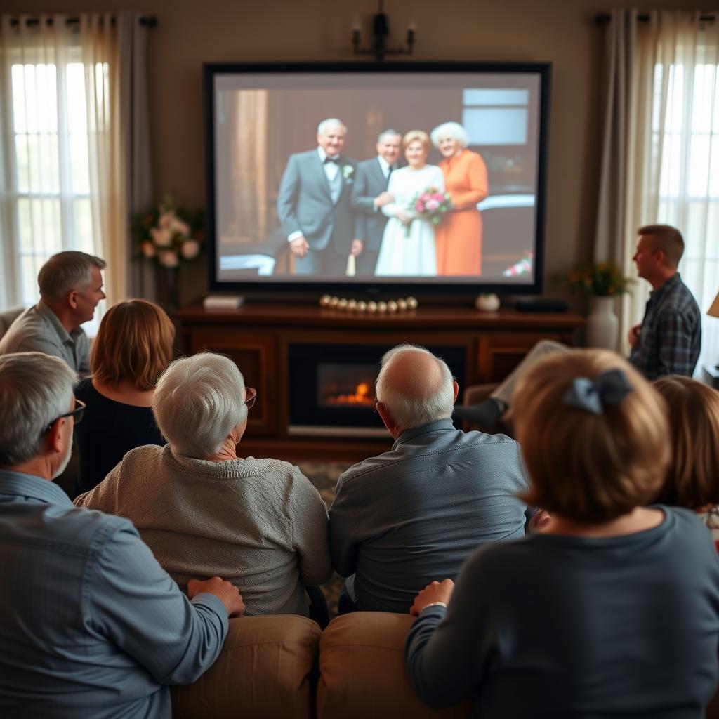 Familie schaut gemeinsam einen Film über 50 Jahre Ehe zur Goldenen Hochzeit der Eltern Familie schaut gemeinsam einen Film über 50 Jahre Ehe zur Goldenen Hochzeit der Eltern