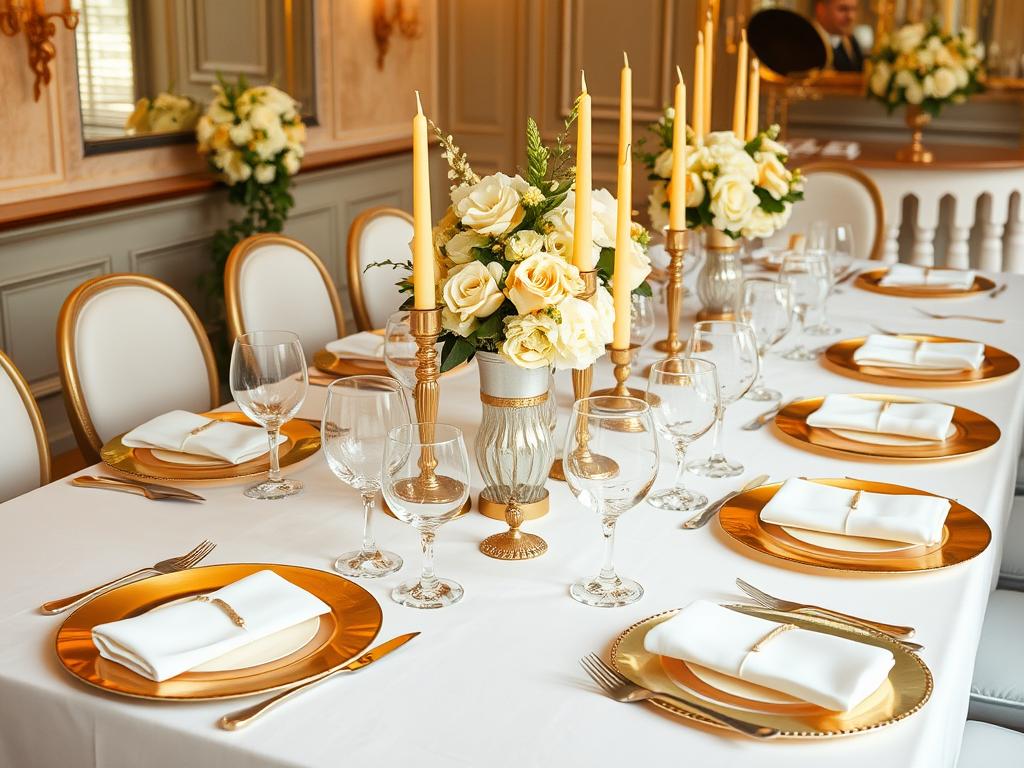 Festlich dekorierter Tisch mit goldenen Elementen für eine Goldene Hochzeitsfeier