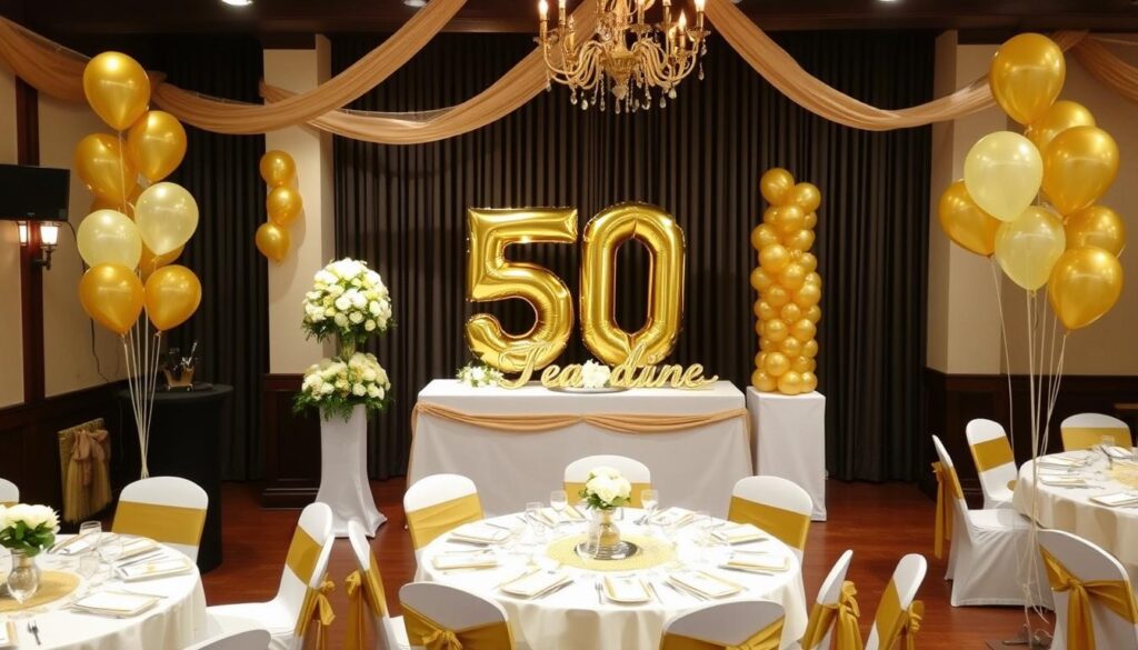 Festlich geschmückter Raum für die Feier zur Goldenen Hochzeit der Eltern mit goldener Dekoration Festlich geschmückter Raum für die Feier zur Goldenen Hochzeit der Eltern mit goldener Dekoration