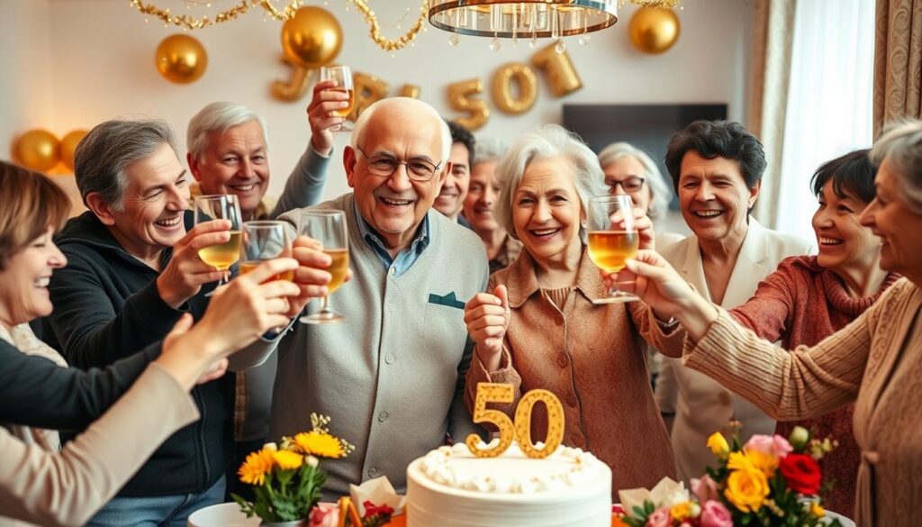 Glückliches älteres Ehepaar feiert seine Goldene Hochzeit, umgeben von Familie Glückliches älteres Ehepaar feiert seine Goldene Hochzeit, umgeben von Familie