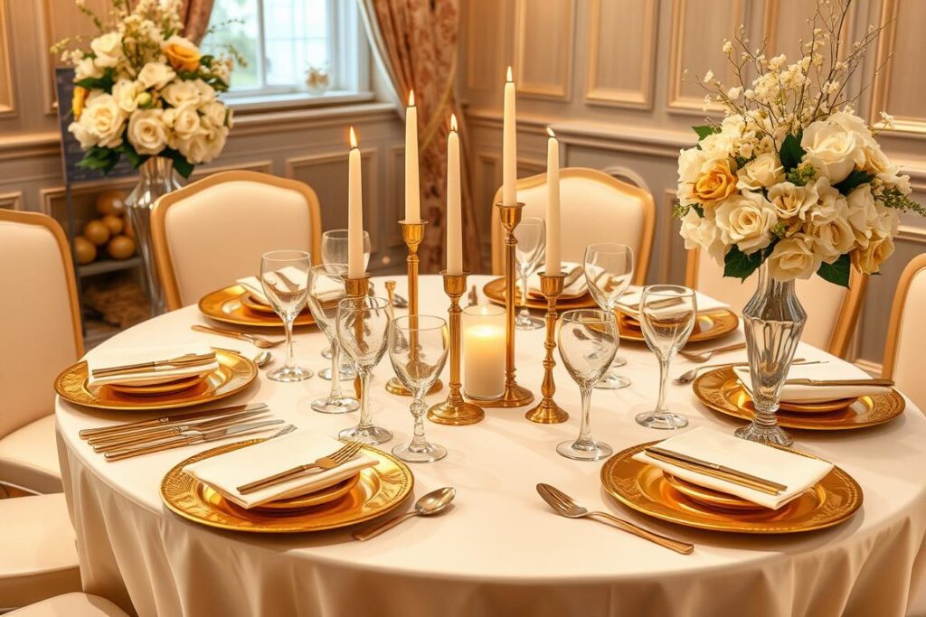 Goldene Hochzeit der Eltern - Festlich gedeckter Tisch mit goldener Dekoration und Blumen Goldene Hochzeit der Eltern - Festlich gedeckter Tisch mit goldener Dekoration und Blumen