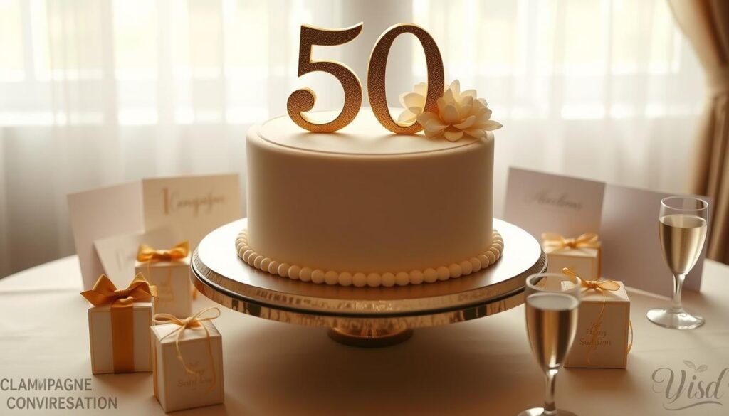 Goldene Hochzeitstorte mit der Zahl 50 und Glückwunschkarten