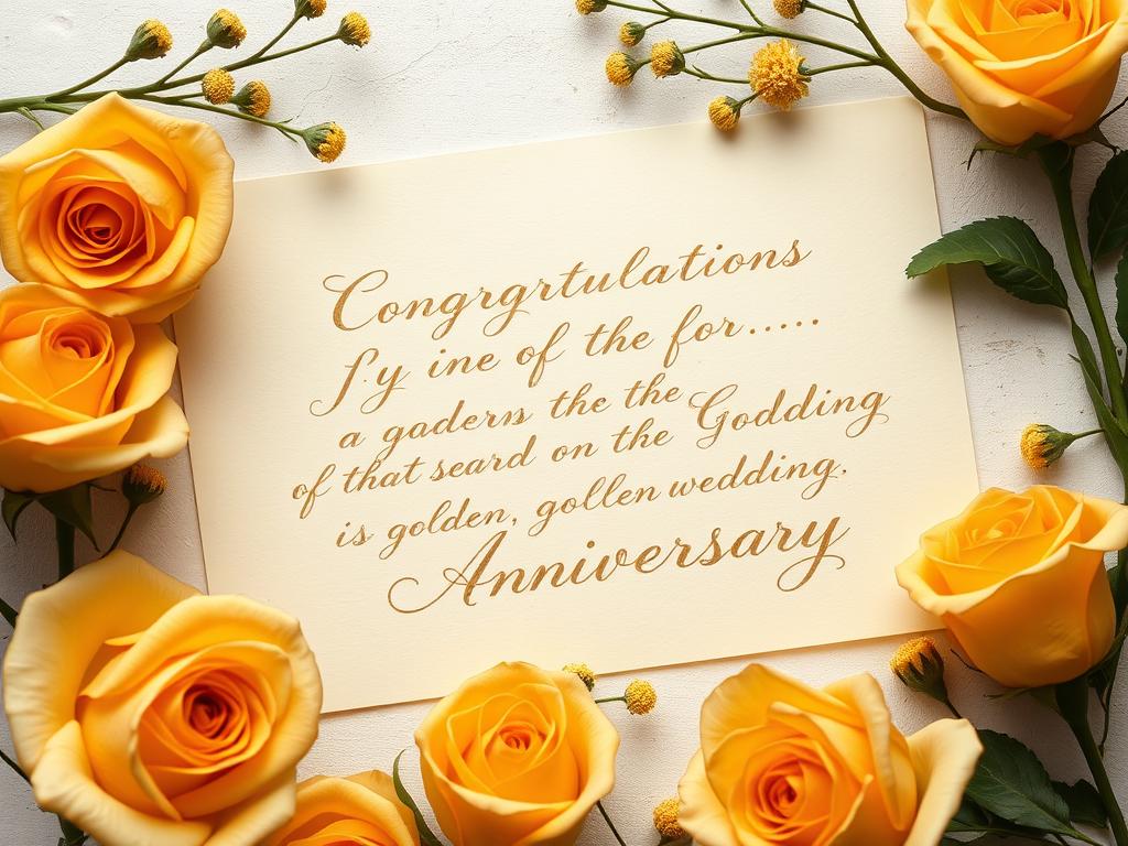 Goldene Rosen und Kalligraphie-Glückwunschkarte zur Goldenen Hochzeit