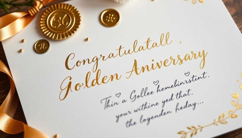 Handgeschriebene Glückwunschkarte mit goldenen Elementen zur Goldenen Hochzeit