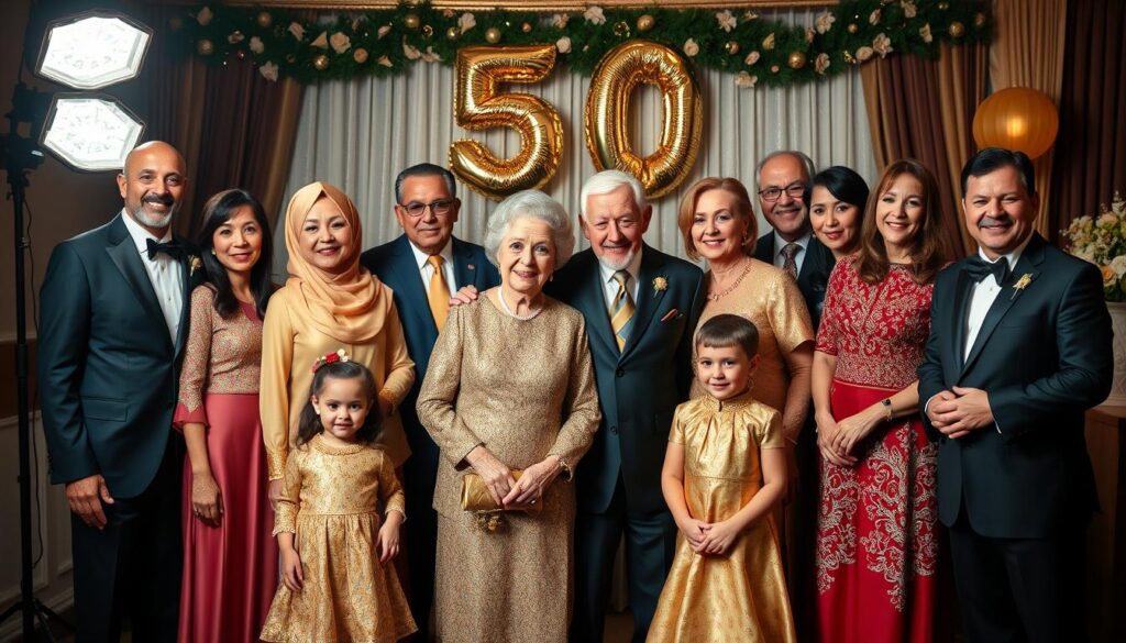 Mehrgenerationenfamilie beim Fotoshooting zur Goldenen Hochzeit der Eltern Mehrgenerationenfamilie beim Fotoshooting zur Goldenen Hochzeit der Eltern