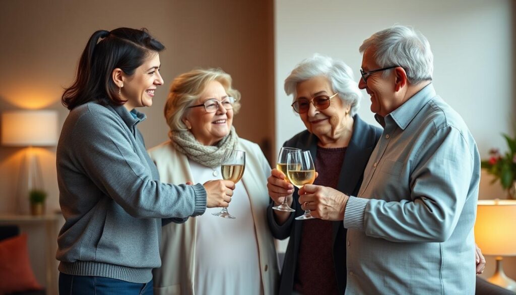 Modernes Paar mittleren Alters gratuliert älterem Paar zur Goldenen Hochzeit