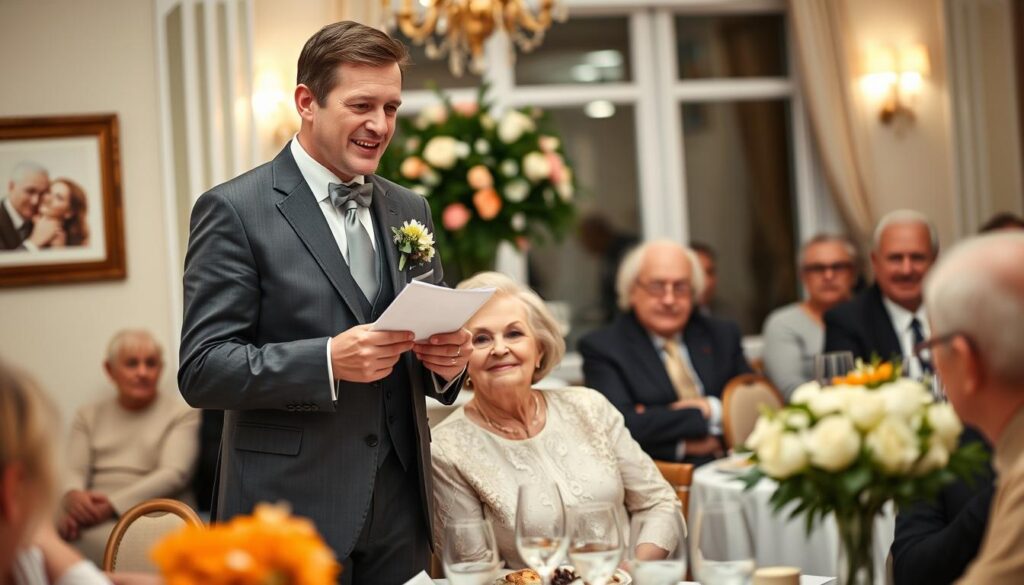 Tochter oder Sohn hält eine emotionale Rede bei der Feier zur Goldenen Hochzeit der Eltern Tochter oder Sohn hält eine emotionale Rede bei der Feier zur Goldenen Hochzeit der Eltern