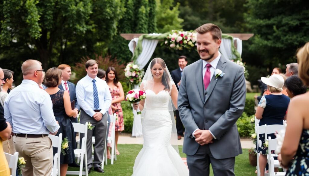 Braut schreitet zu moderner Musik bei Hochzeit zum Altar Braut schreitet zu moderner Musik bei Hochzeit zum Altar