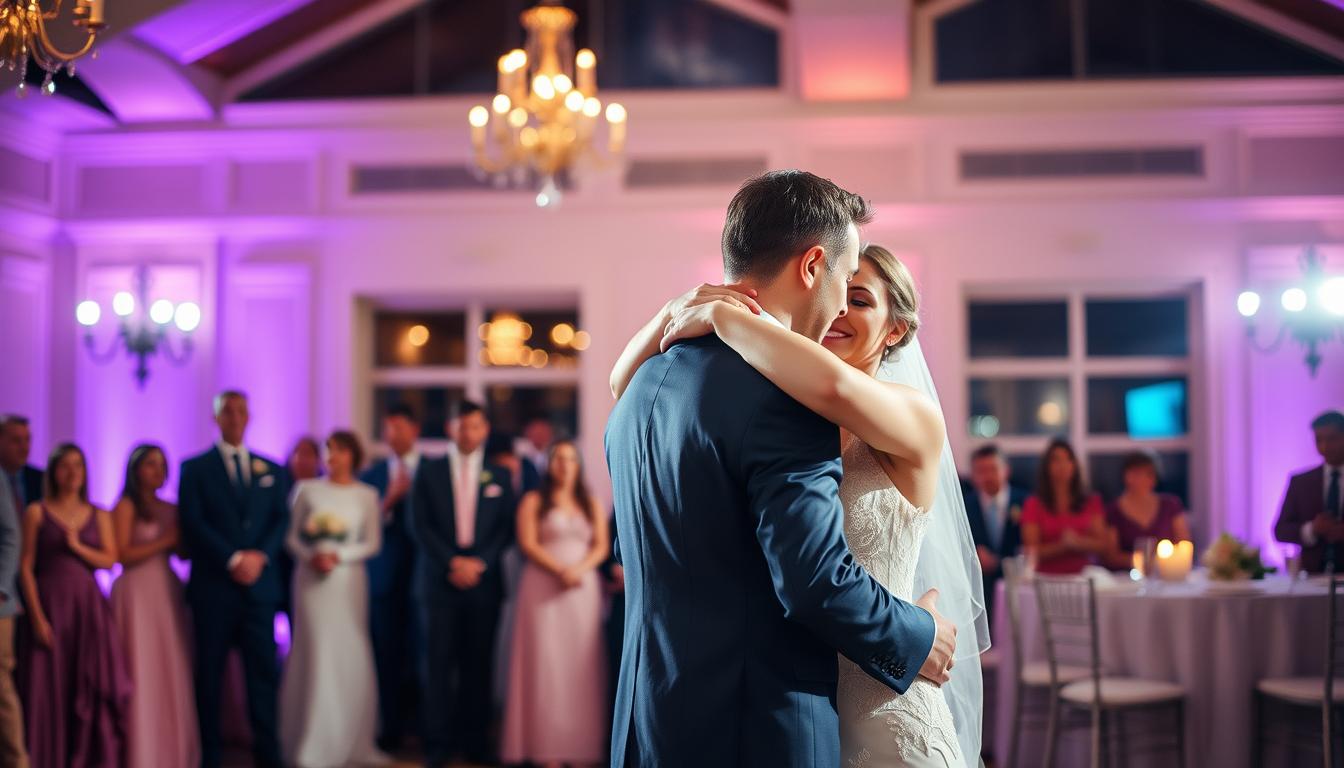 Brautpaar tanzt zu romantischer Musik bei Hochzeit