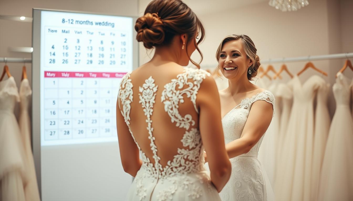 Braut bei der Anprobe eines Hochzeitskleids 8-12 Monate vor der Hochzeit