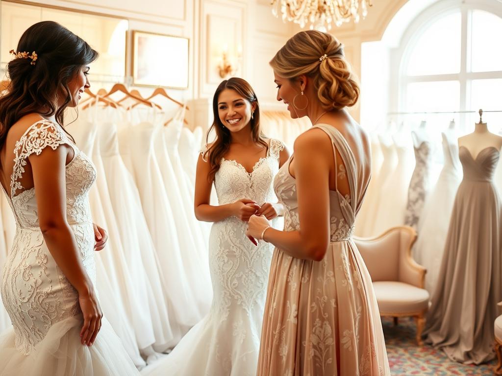 Braut bei der Anprobe verschiedener Hochzeitskleider mit Beraterin im Brautmodengeschäft