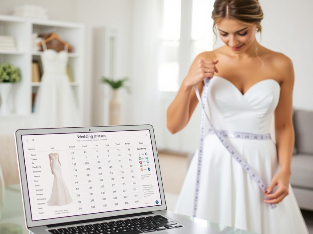Braut bei der Online-Bestellung eines Hochzeitskleids mit Maßtabelle