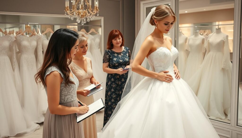 Braut mit Begleitung bei der Anprobe mit Wann Hochzeitskleid kaufen Notizen