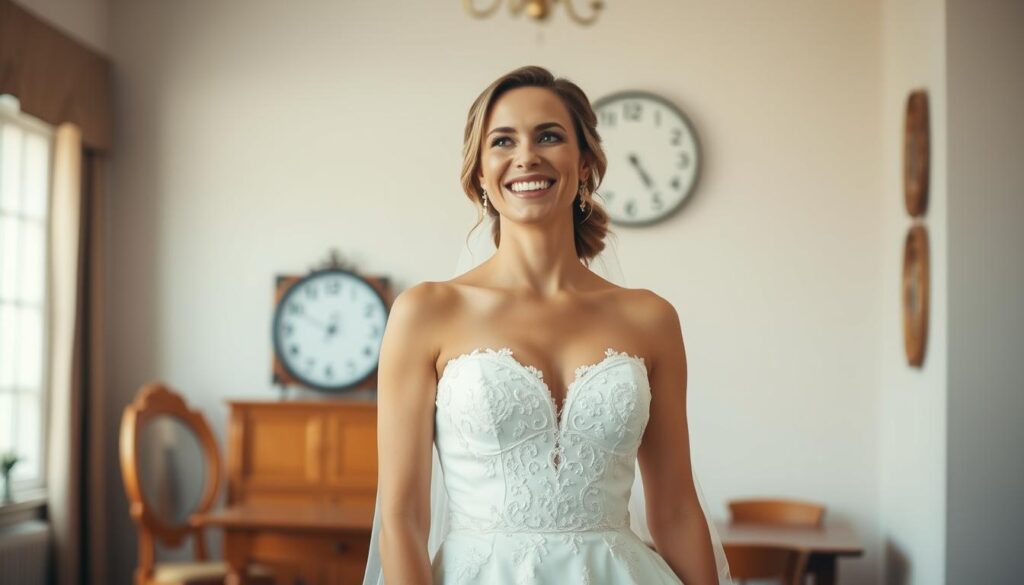 Glückliche Braut mit ihrem Traumkleid nach erfolgreicher Wann Hochzeitskleid kaufen Planung