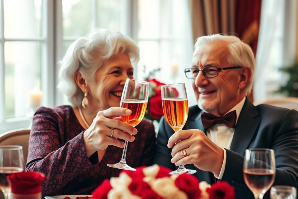 Älteres Paar feiert glücklich seine Rubinhochzeit