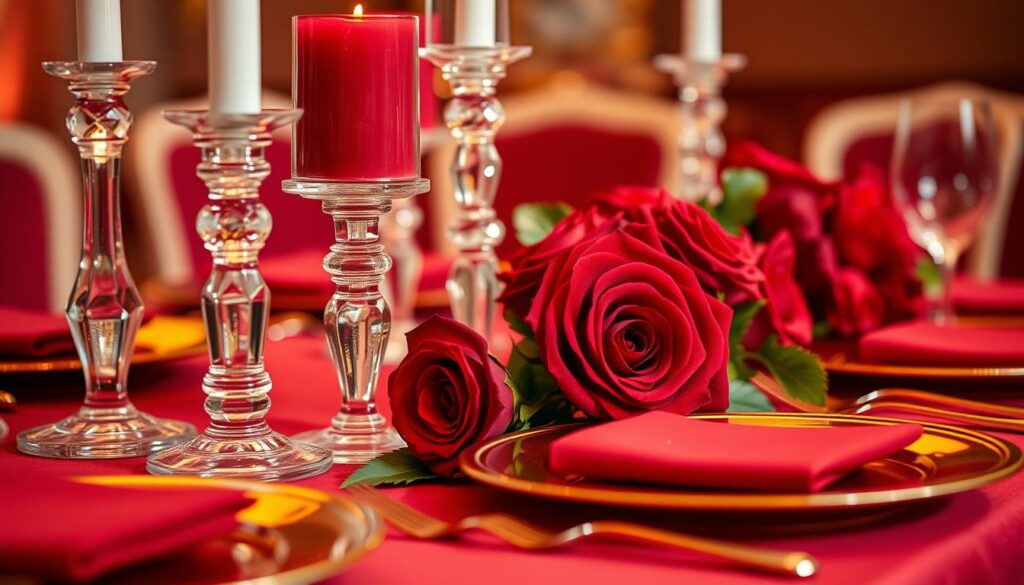 Detailaufnahme einer rubinroten Tischdekoration mit Kerzen und Blumen zum 40. Hochzeitstag