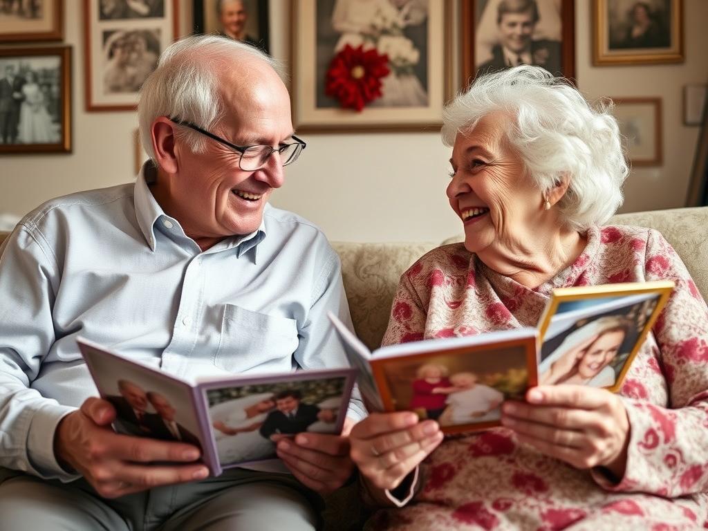 Ein Ehepaar schaut sich lachend alte Hochzeitsfotos an, während sie ihre Rubinhochzeit feiern