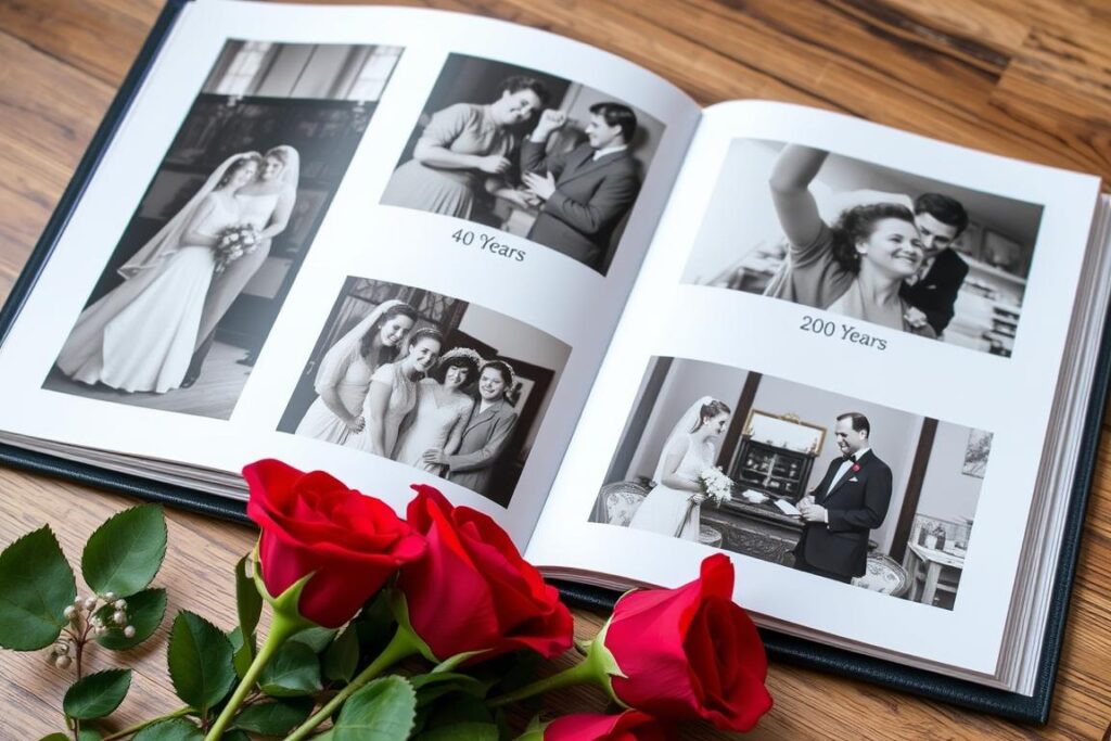 Ein Fotoalbum mit Bildern aus 40 Jahren Ehe neben rubinroten Rosen