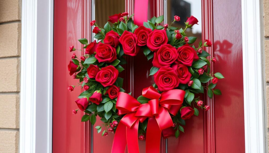 Ein Kranz mit roten Rosen und Rubinschmuck an einer Haustür zur Rubinhochzeit Ein Kranz mit roten Rosen und Rubinschmuck an einer Haustür zur Rubinhochzeit