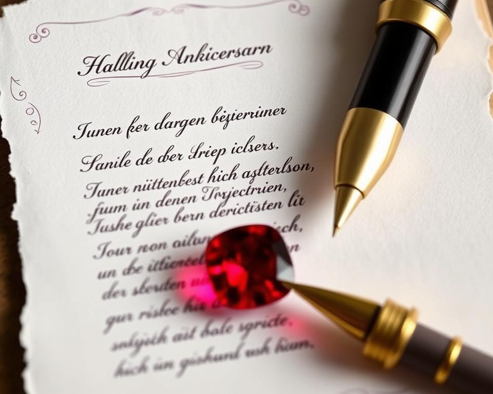 Ein Rubinstein neben einem handgeschriebenen lustigen Gedicht zur Rubinhochzeit