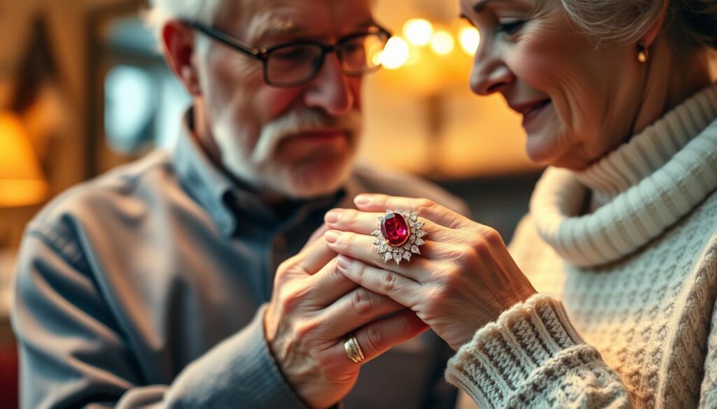 Ein älteres Ehepaar betrachtet einen Rubin in einem Schmuckstück zur Feier ihrer Rubinhochzeit