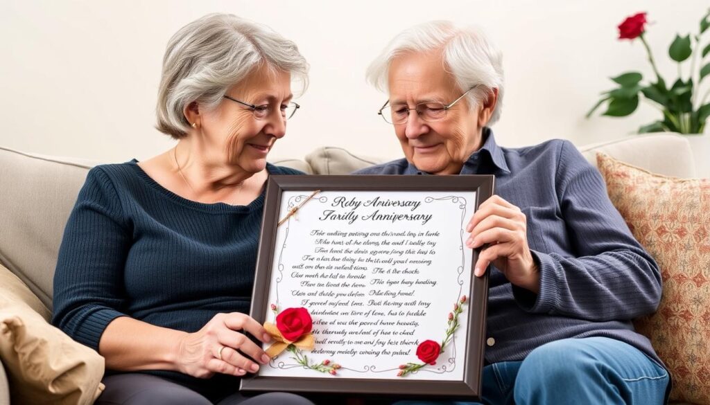 Ein älteres Ehepaar betrachtet gerührt ein Rubinhochzeit Gedicht
