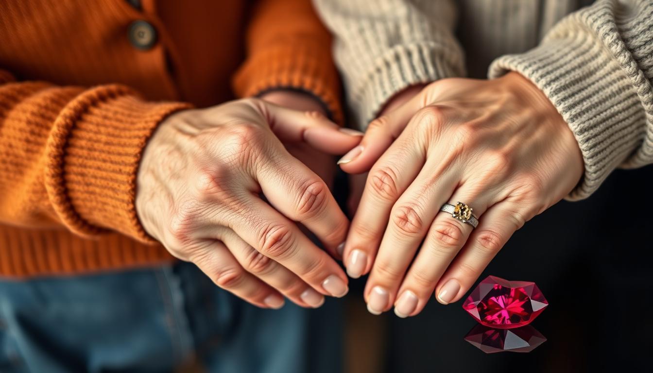Ein älteres Ehepaar hält Hände mit Eheringen, daneben liegt ein rubinroter Edelstein