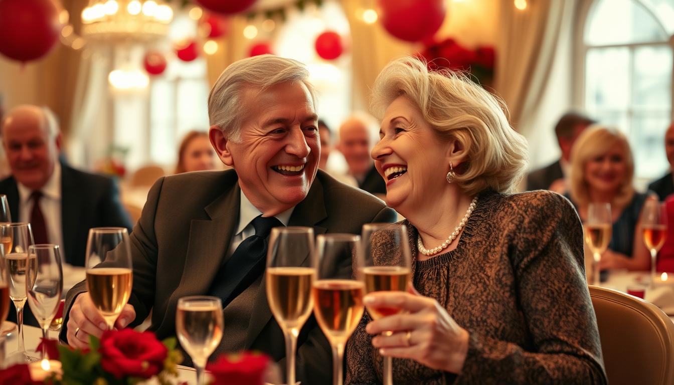 Rubinhochzeit Lustiges Gedicht: Mit Humor 40 Jahre Ehe Feiern 2 Ein älteres Ehepaar lacht gemeinsam bei ihrer Rubinhochzeitsfeier mit rubinroten Dekorationen