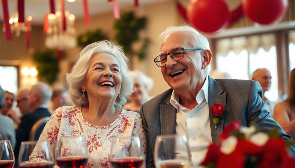 Ein älteres Ehepaar lacht herzlich zusammen bei ihrer Rubinhochzeitsfeier Rubinhochzeit Sprüche Gedichte - Ein älteres Ehepaar lacht herzlich zusammen bei ihrer Rubinhochzeitsfeier