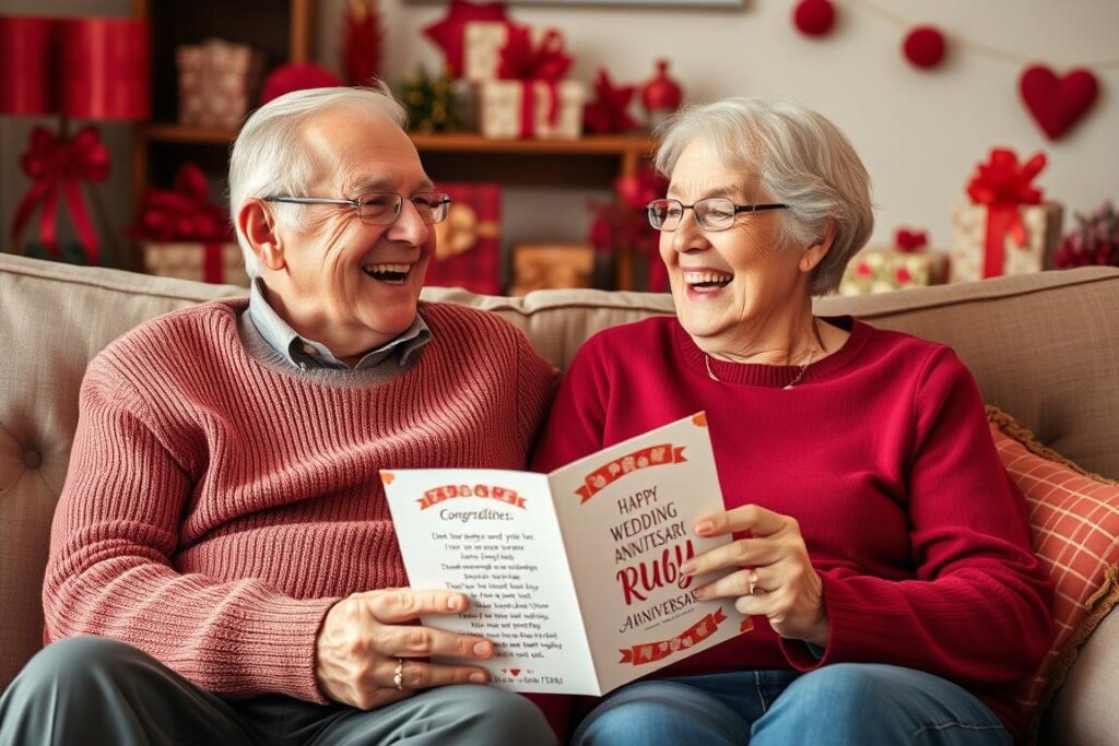 Ein älteres Ehepaar liest lachend eine Glückwunschkarte mit einem lustigen Gedicht zur Rubinhochzeit
