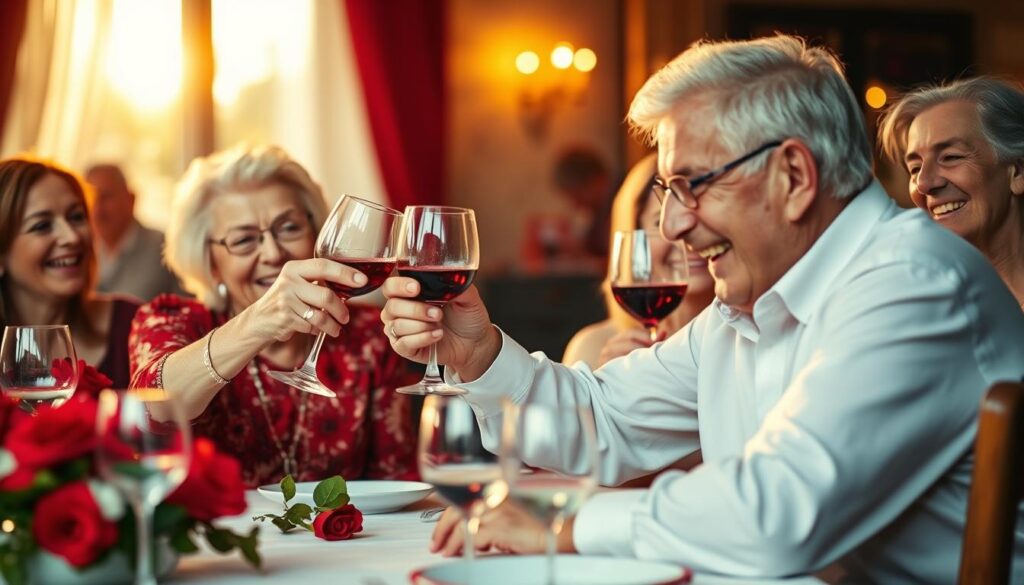 Ein älteres Ehepaar stößt mit Weingläsern an bei ihrer Rubinhochzeitsfeier, umgeben von Familie Ein älteres Ehepaar stößt mit Weingläsern an bei ihrer Rubinhochzeitsfeier, umgeben von Familie