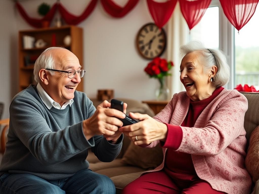 Ein älteres Ehepaar streitet scherzhaft um die Fernbedienung bei ihrer Rubinhochzeitsfeier