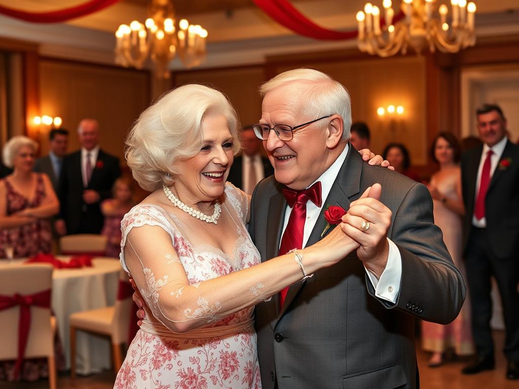 Ein älteres Paar tanzt vergnügt bei ihrer Rubinhochzeitsfeier