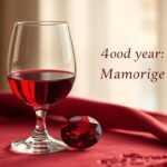 Rubinhochzeit Weisheiten - Ein elegantes Weinglas neben einem Rubin auf einem Tisch als Symbol für die Rubinhochzeit Weisheit