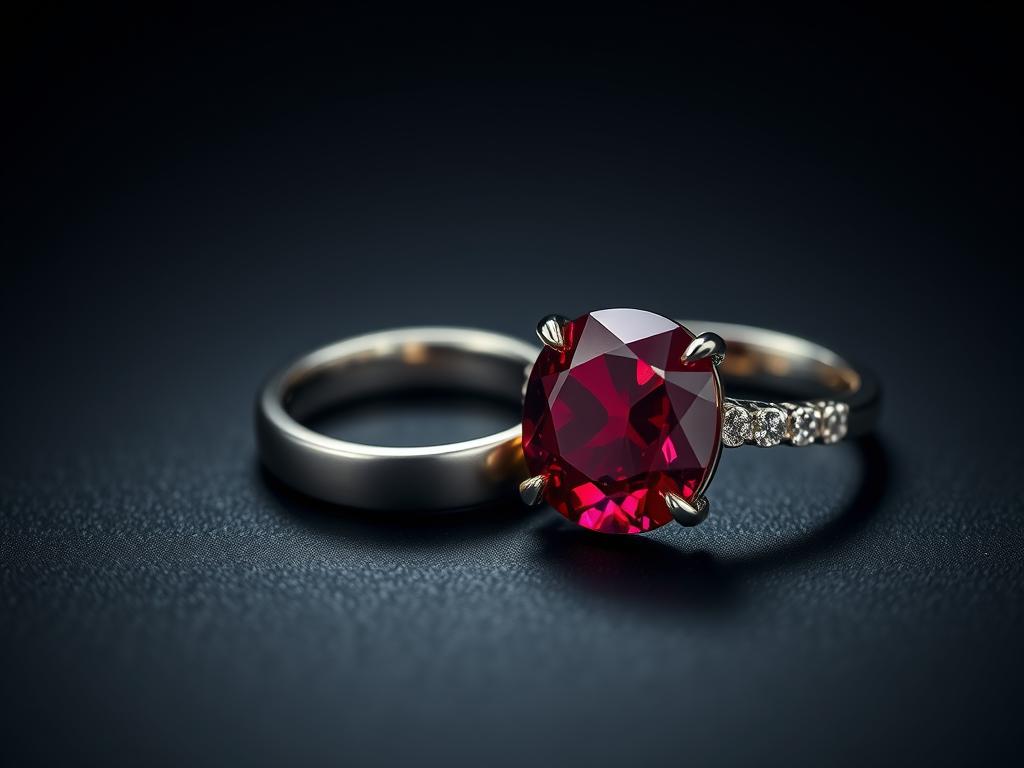 Sprüche zur Rubinhochzeit zum Ausdrucken: Zeitlose Worte für 40 Jahre Liebe 2 Ein funkelnder Rubin neben zwei Eheringen als Symbol für die Rubinhochzeit