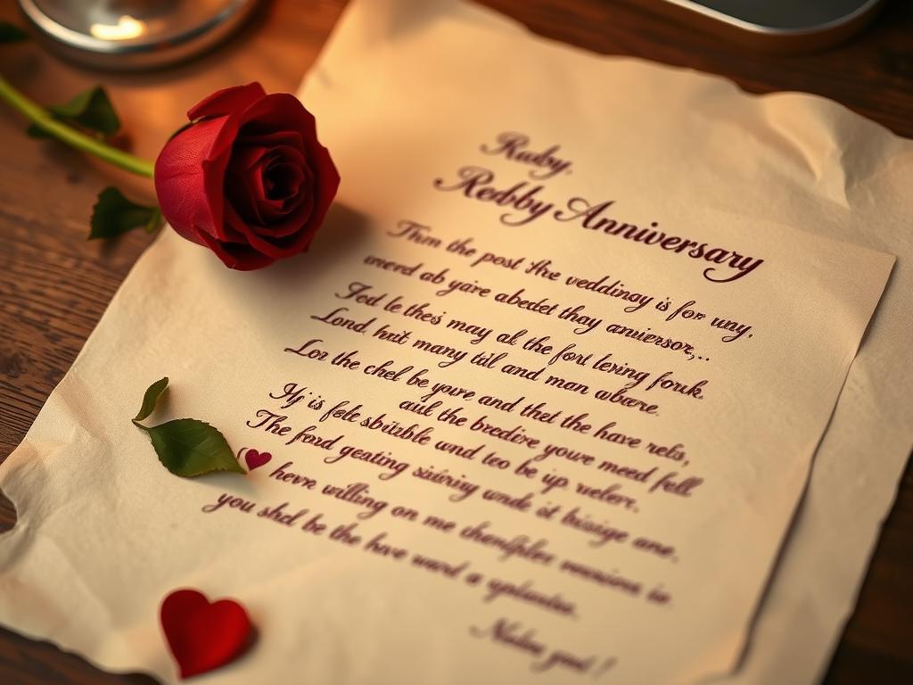 Ein handgeschriebenes Gedicht zur Rubinhochzeit mit einer roten Rose Ein handgeschriebenes Gedicht zur Rubinhochzeit mit einer roten Rose