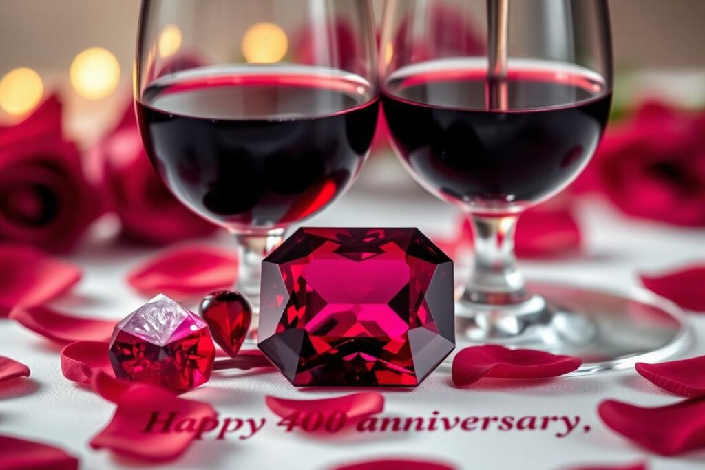 Ein rubinroter Edelstein neben zwei Weingläsern und Rosenblättern