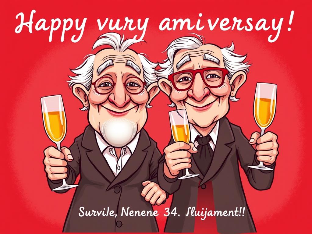 Eine Grußkarte zur Rubinhochzeit mit einem lustigen Cartoon-Paar und einem witzigen Spruch zum 40. Hochzeitstag