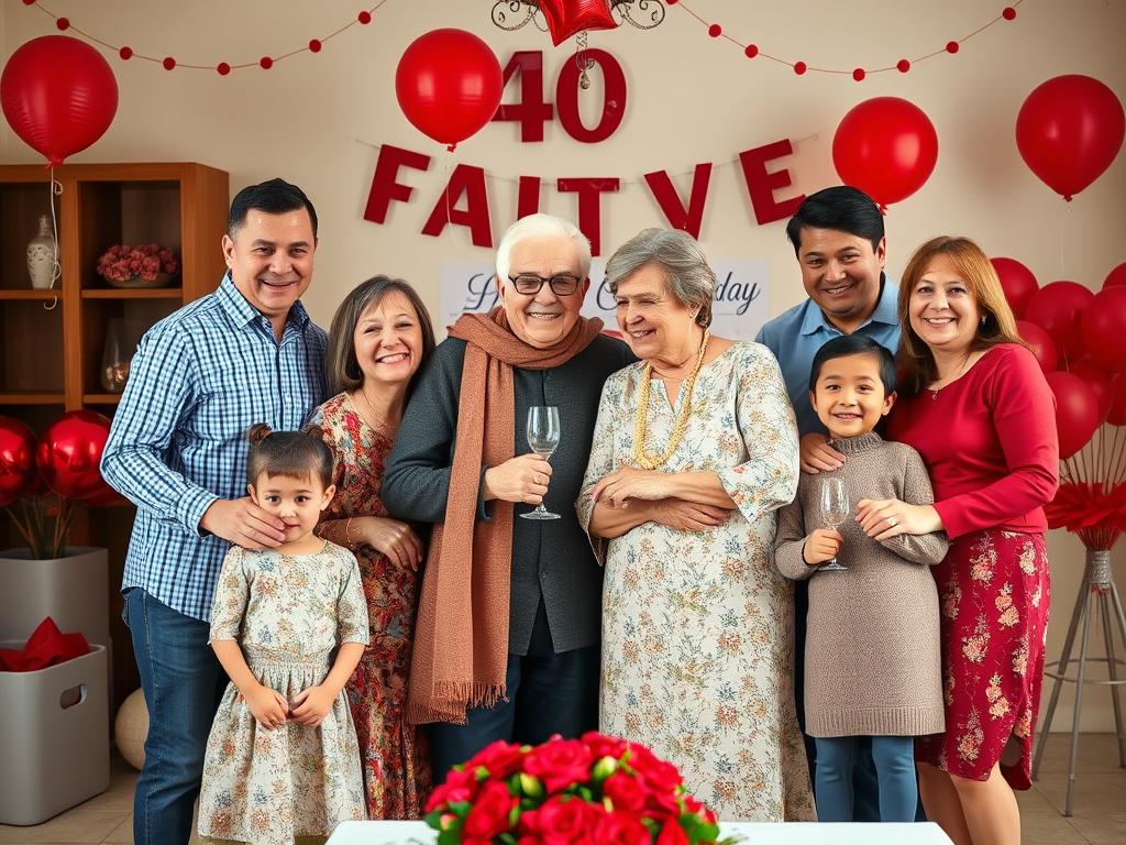 Eine Mehrgenerationenfamilie feiert gemeinsam die Rubinhochzeit der Großeltern