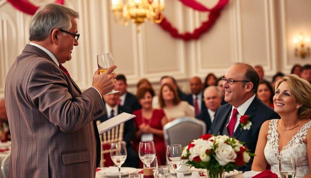 Eine Person hält eine Rede bei einer Rubinhochzeitsfeier und teilt Weisheiten mit den Gästen