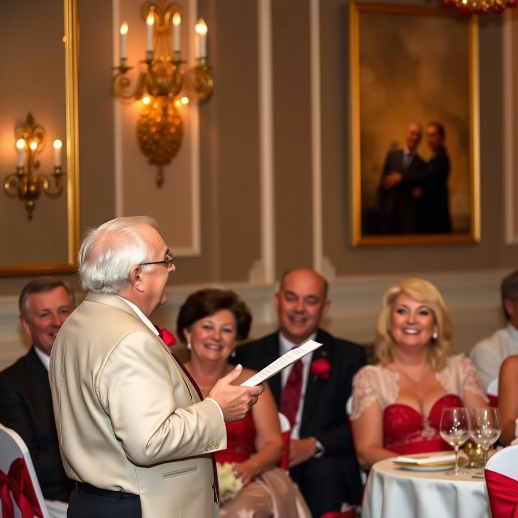 Eine Person trägt mit ausdrucksvoller Gestik ein lustiges Gedicht zur Rubinhochzeit vor