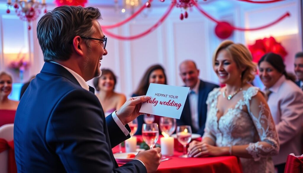 Eine Person überreicht einem Jubelpaar eine humorvolle Glückwunschkarte zur Rubinhochzeit in festlicher Atmosphäre